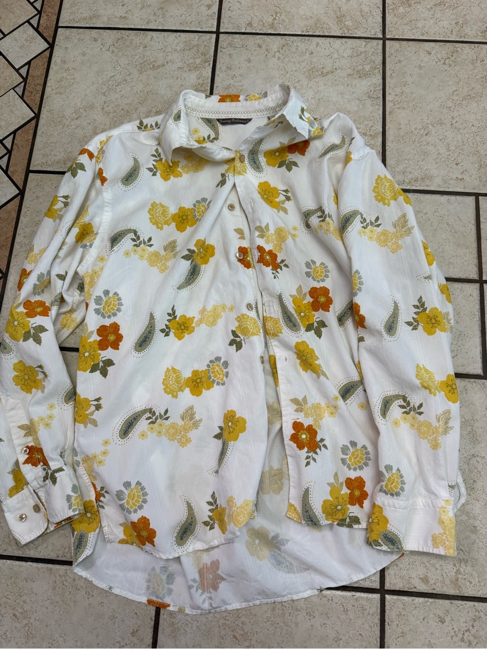 Tommy Bahama White Button-Down Shirt with Yellow & Orange Floral Print